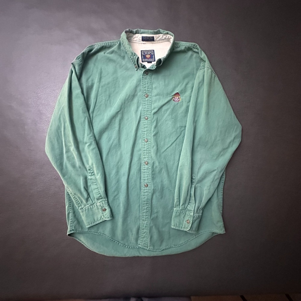 Vtg 1990s Chaps Ralph Lauren Shirt Mens Large Green Minimal Button Down Preppy
